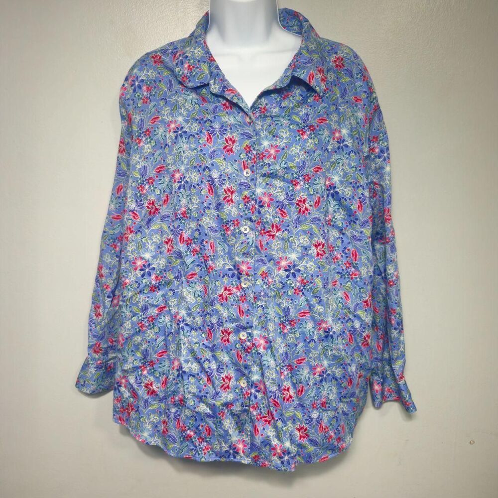 Foxcroft for Appleseed's Blue Botanical Floral Cotton Shirt - Size 18W